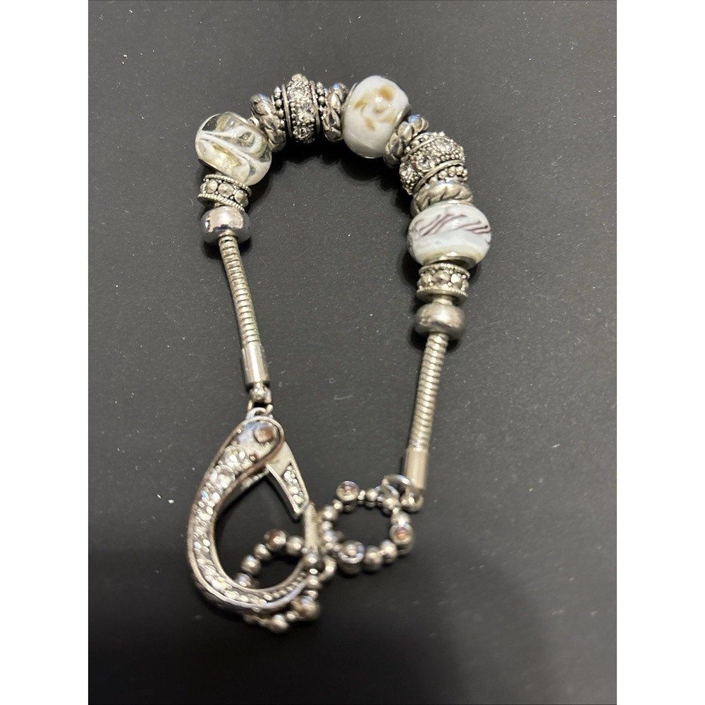 European Style Charm Bracelet Glass Beads Crystal Spacers Silver Tone 8"